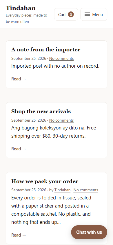 Tindahan home page on an iPhone: single column cards and a stacked menu.